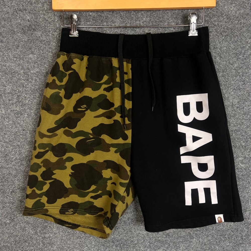 BAPE Sweat Shorts Mens XXL Black Camo Excellent Split Logo Camouflage Drawstring